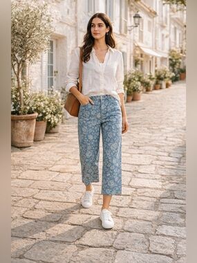 Vintage Floral Denim Jeans Wide Leg Cropped Blue Ivory 90s Sag Harbor Waist 30 S